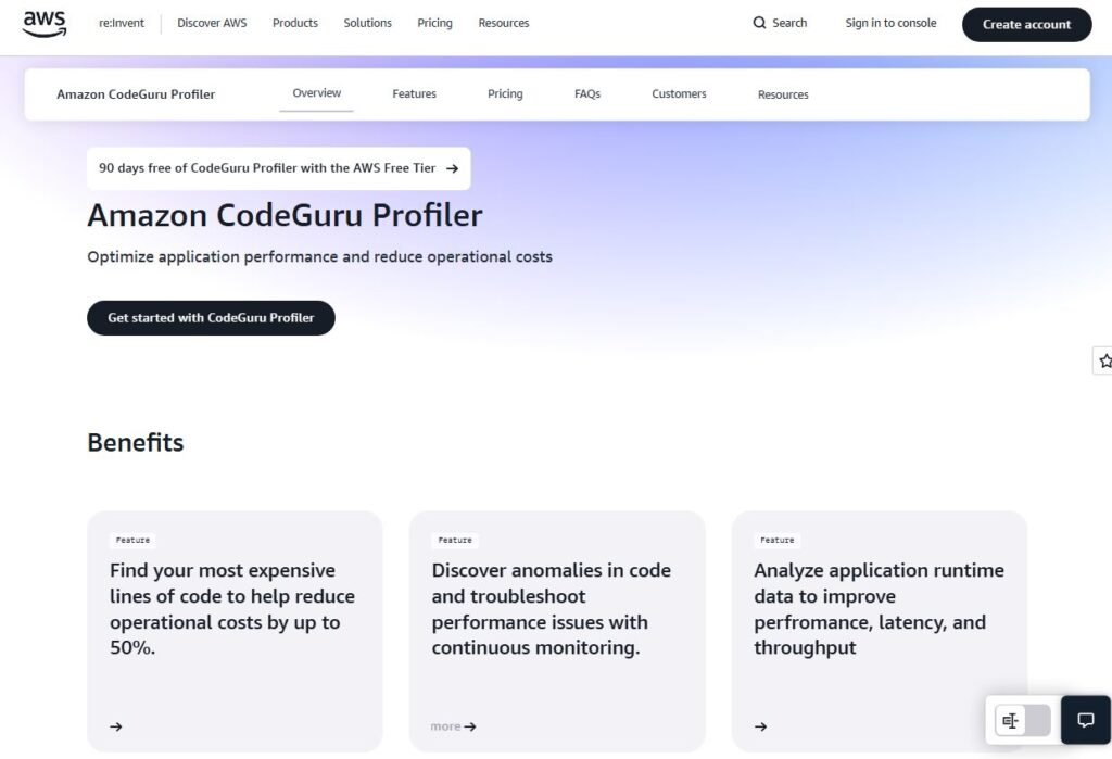 AWS CodeGuru Profiler is a cloud-based tool by Amazon that reviews code, spots potential bugs, security vulnerabilities, and gives recommendations for performance improvements.