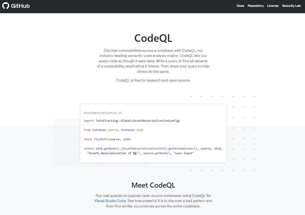 GitHub CodeQL is a semantic code-analysis engine that turns code into a database, then uses queries to find bugs, vulnerabilities, and complex code issues (like concurrency bugs, data-flow vulnerabilities, thread-safety issues, etc.).
