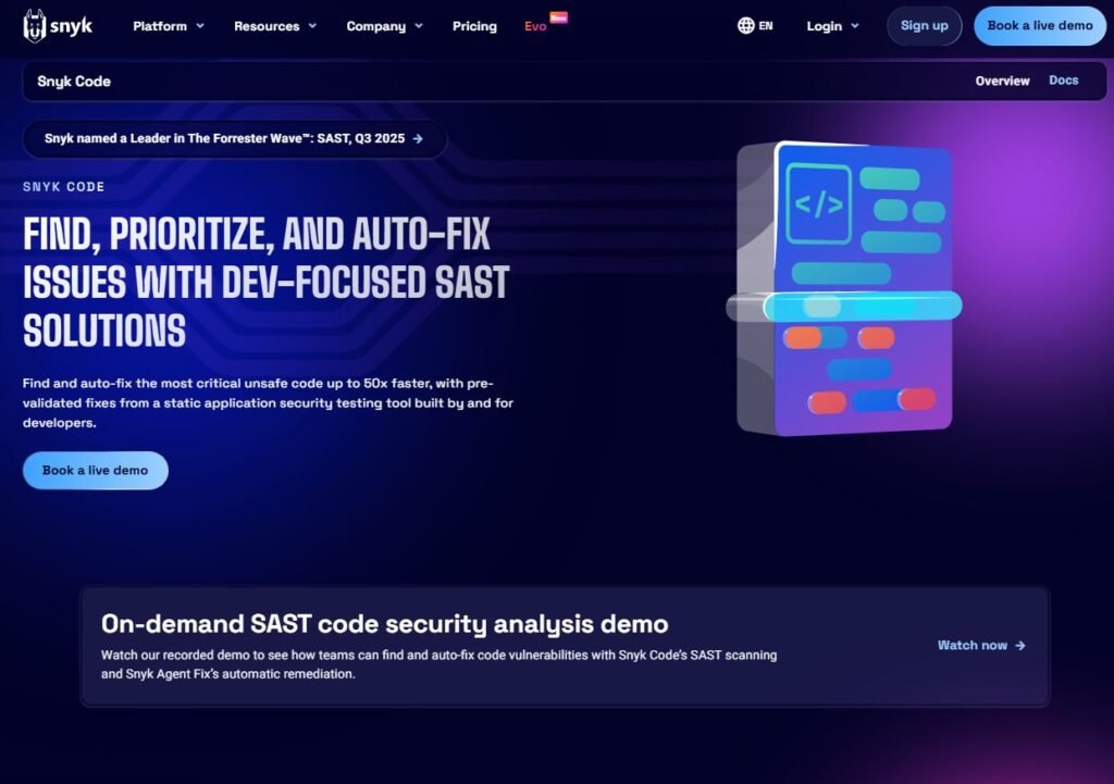 Snyk Code is an AI-powered static application security testing (SAST) and code-analysis tool (evolved from DeepCode AI) that integrates directly into developer workflows.